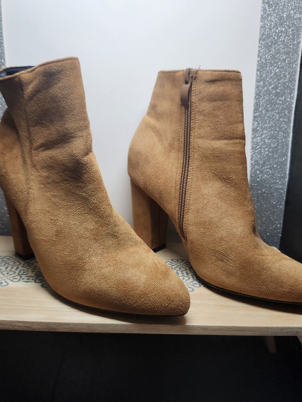 Women's Tan Suede Ankle Boots with Block Heel
